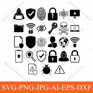 May include: A collection of black and white cybersecurity icons, including shields, padlocks, a fingerprint, a skull and crossbones, and a computer hacker. The image also includes the text "SVG-PNG-JPG-AI-EPS-DXF".
