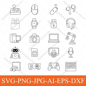 Puede incluir: Una colección de iconos de arte lineal en blanco y negro que representan tecnología y electrónica. Incluye un joystick, un ratón, una unidad USB, auriculares, un reloj inteligente, una cámara, un portátil, un robot y más. El texto "SVG-PNG-JPG-AI-EPS-DXF" está en la parte inferior.