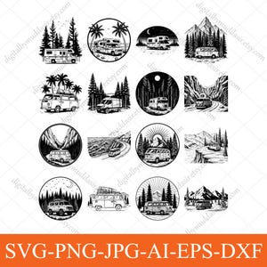 May include: A collection of black and white illustrations featuring camper vans and RVs in circular designs. The scenes depict forests, mountains, and coastal landscapes. The bottom of the image shows the text "SVG-PNG-JPG-AI-EPS-DXF".