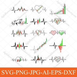 May include: A collection of black and white illustrations featuring heartbeat lines combined with stock market candlestick charts. Some designs incorporate heart shapes, a bull, and a rocket. The bottom of the image displays the text: SVG-PNG-JPG-AI-EPS-DXF.