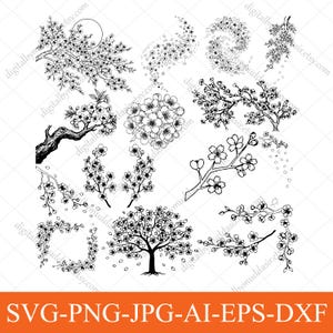 May include: Black and white digital illustrations of cherry blossom branches, trees, and floral arrangements. The image includes various designs, such as a tree, a spiral of flowers, and a square floral border. The bottom of the image has the text: SVG-PNG-JPG-AI-EPS-DXF.