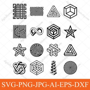 May include: A collection of black and white geometric shapes, including impossible objects, spirals, and stars. The image also includes the text "SVG-PNG-JPG-AI-EPS-DXF" in orange. These designs are suitable for digital art projects.