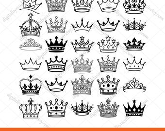 May include: A collection of black and white crown illustrations in various designs. The crowns range from simple outlines to ornate, detailed styles, suitable for royalty-themed projects. The image includes the text "SVG-PNG-JPG-AI-EPS-DXF".