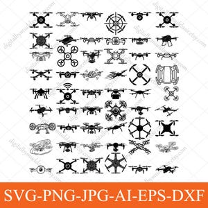 Puede incluir: Una colección de ilustraciones de drones negros en varios diseños. La imagen incluye diferentes estilos de cuadricópteros, con hélices y detalles de cámara. El texto en la parte inferior dice "SVG-PNG-JPG-AI-EPS-DXF".