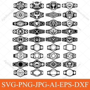 May include: A collection of black and white championship belt designs. Each belt features unique emblems, including a dragon, eagle, trophy, and fist. The belts are displayed on a white background, with the text "SVG-PNG-JPG-AI-EPS-DXF" at the bottom.