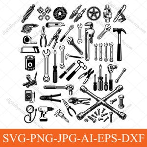 May include: Black and white illustration of various mechanic tools, including wrenches, screwdrivers, pliers, a hammer, and a jack. The image also features a cross wrench, bolts, and the text "SVG-PNG-JPG-AI-EPS-DXF".