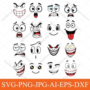 Könnte beinhalten: Eine Sammlung von Cartoon-Gesichtern mit verschiedenen Ausdrücken, darunter Wut, Überraschung und Freude. Jedes Gesicht ist in Schwarz und Weiß gehalten und weist übertriebene Merkmale wie große Augen, offene Münder und sichtbare Zähne auf. Der untere Teil des Bildes enthält den Text "SVG-PNG-JPG-AI-EPS-DXF".