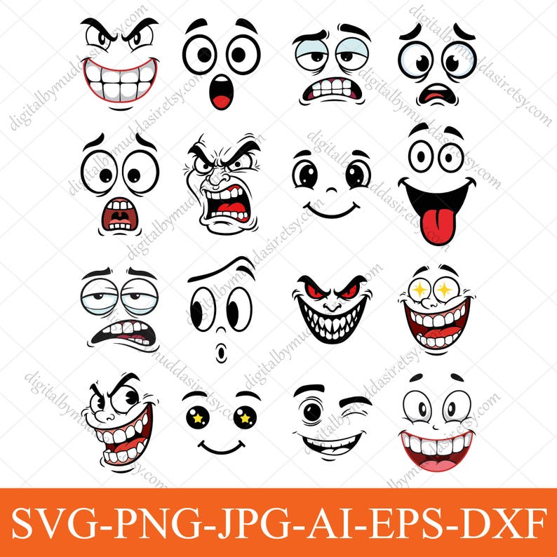 Cartoon Face Expressions Svg Bundle, Cartoon Emotion Faces Svg,emoji ...