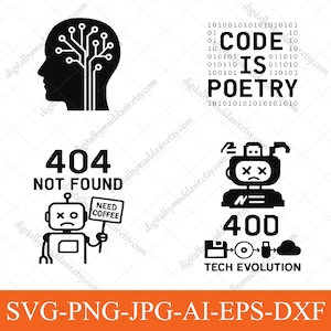 May include: Black and white digital art featuring tech-themed graphics. Includes a silhouette of a head with a circuit board design, the phrase "CODE IS POETRY" in binary code, and error messages with robot illustrations. The bottom text reads "SVG-PNG-JPG-AI-EPS-DXF".