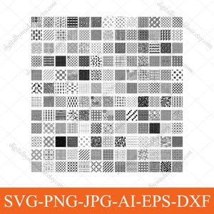 May include: A collection of 144 small squares, each with a different black and white pattern. The designs include stripes, dots, geometric shapes, and textures. The bottom of the image displays the text "SVG-PNG-JPG-AI-EPS-DXF".