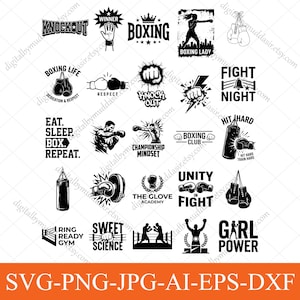 May include: A collection of black and white boxing-themed graphics. The designs include text like "Knockout," "Boxing," and "Fight Night," along with illustrations of boxing gloves, a punching bag, and boxers. The bottom of the image has the text "SVG-PNG-JPG-AI-EPS-DXF."