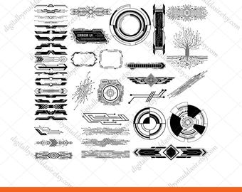 Pode incluir: Uma coleção de elementos de design digital em preto e branco, incluindo padrões de placas de circuito, formas geométricas e componentes de interface do usuário. A imagem inclui o texto "ERROR UI" e "SVG-PNG-JPG-AI-EPS-DXF".
