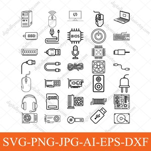 May include: Black and white line art illustrations of computer hardware components, including a computer tower, mouse, keyboard, and USB drive. The image also includes the text "SVG-PNG-JPG-AI-EPS-DXF".