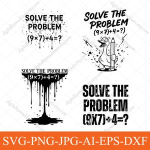 Può includere: Grafiche in bianco e nero con la scritta "SOLVE THE PROBLEM (9x7)+4=?" in vari stili. Un disegno presenta un'anatra che tiene una matita. La parte inferiore dell'immagine include le opzioni del tipo di file.