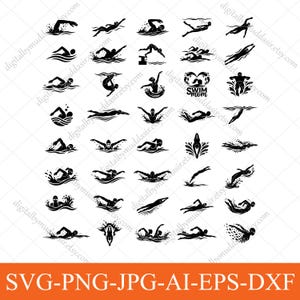 May include: A collection of black silhouette icons depicting various swimming poses, strokes, and diving actions. The set includes figures in water, swimmers in motion, and a heart-shaped graphic with the text Swim Mom, all on a white background.