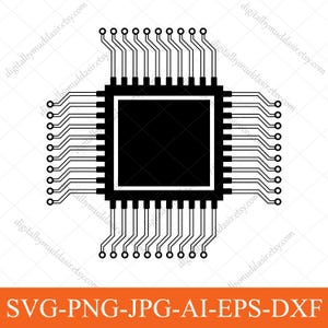 May include: Black and white illustration of a computer processor chip. The chip has a central square with numerous connecting pins extending outwards. The image includes the text "SVG-PNG-JPG-AI-EPS-DXF".
