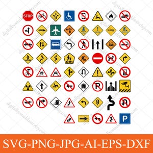 Puede incluir: Una colección de diversas señales de tráfico en amarillo, blanco, negro, rojo y azul. Las señales representan advertencias, instrucciones y prohibiciones, incluyendo señales de stop, prohibido el paso y pasos de peatones. La imagen también incluye el texto "SVG-PNG-JPG-AI-EPS-DXF".