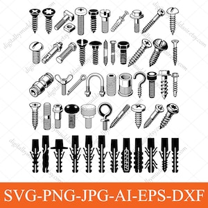 Skruv SVG PNG-paket, Spik och skruvar svg, Snickare svg, Järnvaruverktyg vektor, Byggarbetare svg, Bultar svg, Muttrar, Sexkantsmutter, Skruvar svg