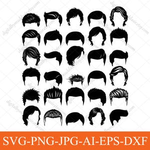 Puede incluir: Una colección de peinados negros en silueta, de varios estilos. La imagen incluye una variedad de cortes de pelo para hombres, desde cortos y puntiagudos hasta estilos más largos y ondulados. La parte inferior de la imagen tiene el texto "SVG-PNG-JPG-AI-EPS-DXF".