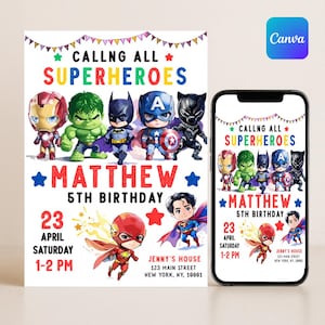 Plantilla editable de invitación de cumpleaños de los Vengadores / Plantilla imprimible de invitación de cumpleaños de superhéroes / Tarjeta de cumpleaños de superhéroe
