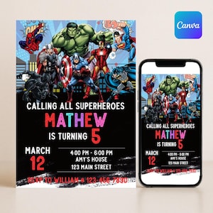 Modelo de convite de aniversário editável dos Vingadores e Super-Heróis | Modelo de convite para festa de aniversário de super-heróis para imprimir | Cartão de aniversário de super-herói