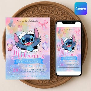 d'invitation de fête d'anniversaire de Stitch | Evite d'anniversaire dessin animé au point modifiable | Modèle de toile facilement modifiable | Téléchargement instantané