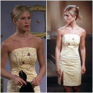 Puede incluir: Un vestido amarillo sin tirantes con un estampado floral y una abertura lateral. El vestido est&aacute; hecho de una tela sedosa y tiene un corpi&ntilde;o ajustado.