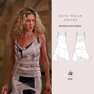 May include: A sewing pattern for a mini wrap dress. The pattern is shown in white on a pink background. The pattern includes instructions for sewing the dress. The pattern is available as a PDF download.