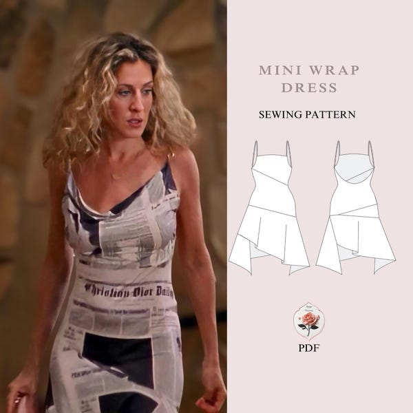 Newspaper Dress Satc Carrie Bradshaw Open Back Cocktail Mini Dress Beginner Sewing Pattern INSTANT DOWNLOAD