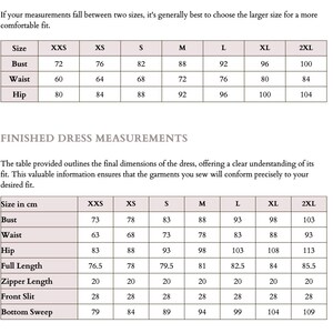 Puede incluir: Un gr&aacute;fico que muestra las medidas del vestido en pulgadas para las tallas XXS a 2XL. El gr&aacute;fico incluye las medidas de busto, cintura, cadera, largo total, largo de la cremallera, abertura delantera y barrido inferior.