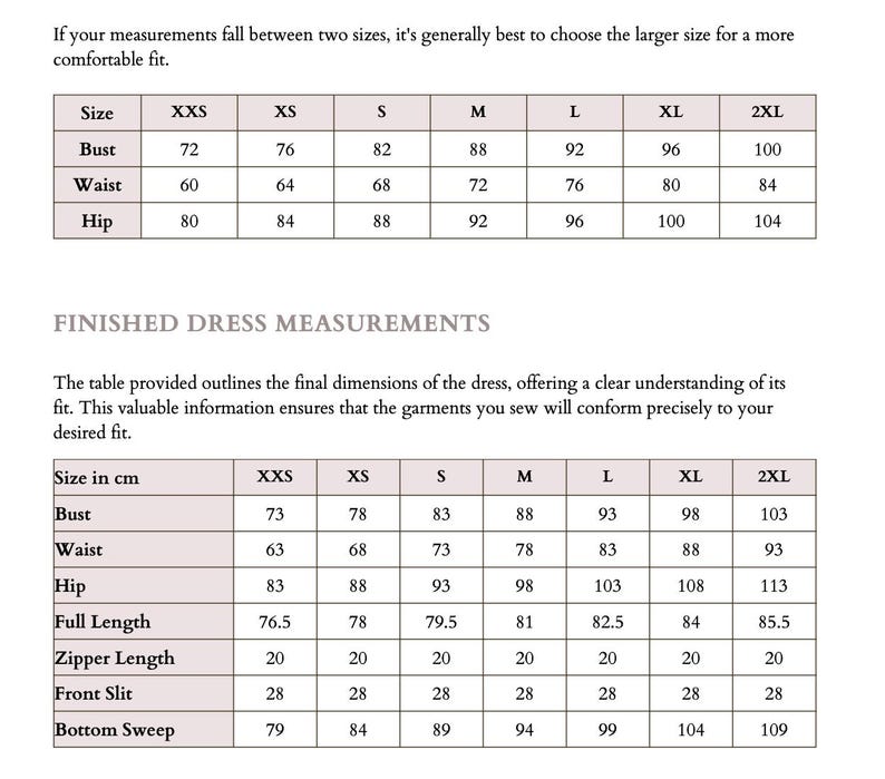 Puede incluir: Un gr&aacute;fico que muestra las medidas del vestido en pulgadas para las tallas XXS a 2XL. El gr&aacute;fico incluye las medidas de busto, cintura, cadera, largo total, largo de la cremallera, abertura delantera y barrido inferior.