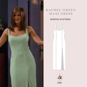 Op de afbeelding: Een naaipatroon voor een maxi-jurk geïnspireerd door Rachel Green uit de tv-serie Friends. Het patroon is voor een mouwloze jurk met een vierkante halslijn en een split aan de voorkant. Het patroon is beschikbaar als PDF-download.