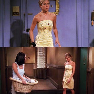 Puede incluir: Una mujer con un vestido amarillo sin tirantes con bordados florales. El vestido tiene un corpi&ntilde;o ajustado y una falda fluida. La mujer est&aacute; de pie en un pasillo con una puerta en el fondo.