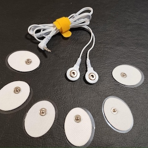 Puede incluir: Un conjunto de siete almohadillas de electrodos blancas para un estimulador muscular, junto con un cable blanco con un conector jack de 3,5 mm.
