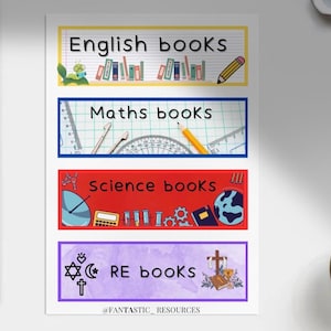 Colorful Classroom Tray Labels with images and Table checklists for Early Years and Primary