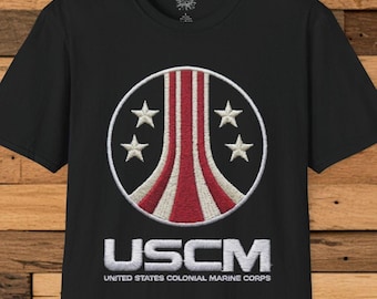 Aliens Marine Corps Logo Embroidered-Look T-Shirt | Vintage Space Emblem