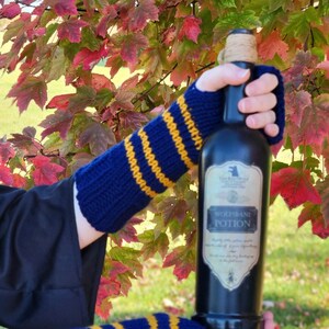Wizard School Colors - Hand Knit Fingerless Mittens/Gloves - Wrist Warmers- Teen Gift Idea - Blue-Gold