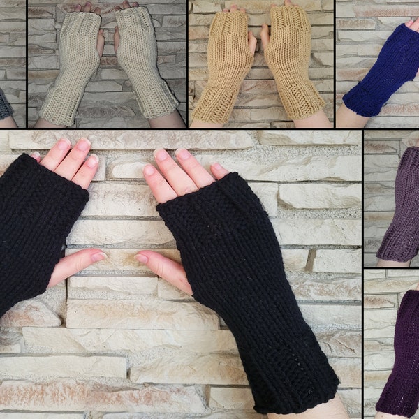 Hand Knit Fingerless Mittens/Texting Gloves -  Solid Color Wrist Warmers