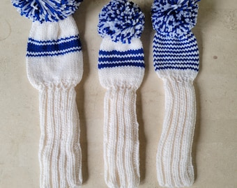 Hand Knit Golf Club Covers - Vintage Style Golf Club Covers with Pom Pom: Set of 3 With Driver, 2 Fairways - White and Blue