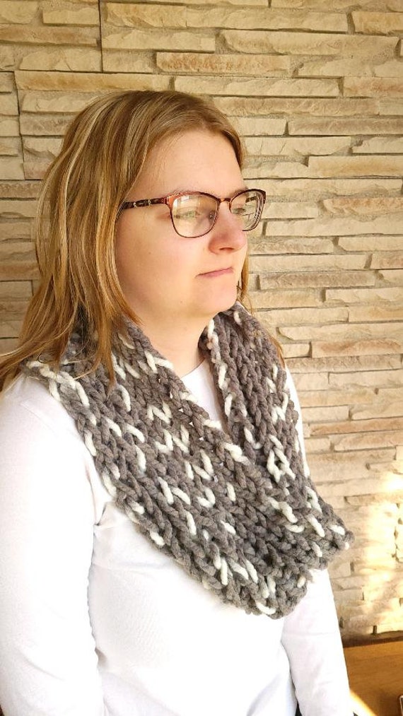 Hand Knit Chunky Scarf Infinity Scarf Renaissance Fair Accessory Gray  and White