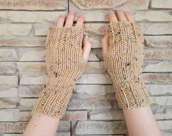 Hand Knit Fingerless Mittens/Texting Gloves - Tan Fleck Wrist Warmers - One Size Fits All