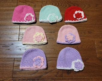 Preemie and Newborn Baby Hats - Hand Knit Beanie With Flower