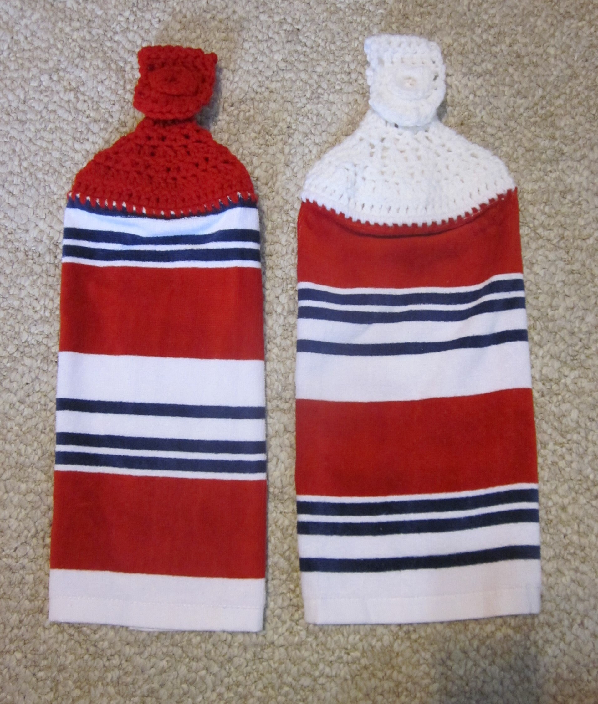 Crochet Topped Hanging Kitchen Towels Striped Red White And Etsy