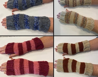 Hand Knit Fingerless Mittens/Texting Gloves - Striped Mittens - Gift Ideas