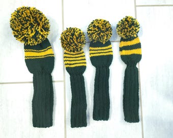 Hand Knit Golf Club Covers - Vintage Style Golf Club Covers With Pom Pom - Hunter-Gold