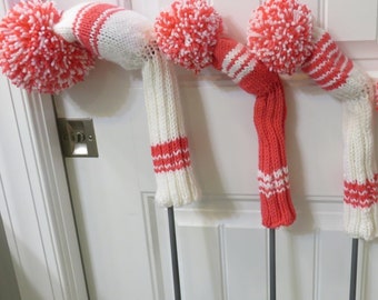 Hand Knit Golf Club Covers - Vintage Style Golf Club Covers With Pom Pom: Set of 3 with Driver, Two Fairways - White and Amber Rose