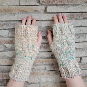 Hand Knit Fingerless Mittens/Gloves - Texting Gloves - Wrist Warmers - Gift Ideas - cream/multi variegated