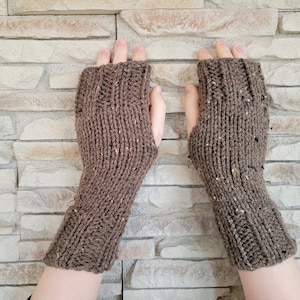 Hand Knit Fingerless Mittens/Gloves - Texting Gloves - Brown Fleck Wrist Warmers - One Size Fits All