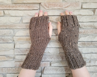 Hand Knit Fingerless Mittens/Gloves - Texting Gloves - Brown Fleck Wrist Warmers - One Size Fits All