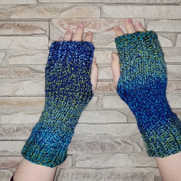 Hand Knit Fingerless Mittens/Texting Gloves - Poolside Blue/Green Wrist Warmers